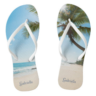 Relaxed Calm Beach Scene Palm Tree Flip Flops