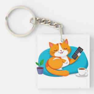 Relaxed Cartoon Cat With Remote Key Ring