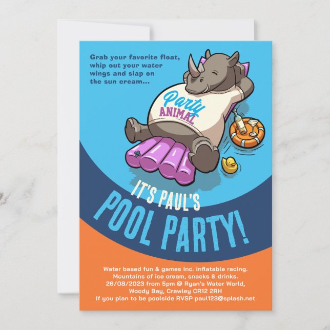 Relaxed Rhino On Inflatable Pool Party Cartoon Invitation (Front)