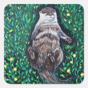 Relaxed River Otter Painting Square Sticker