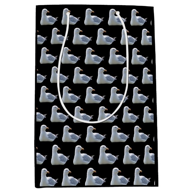 Relaxed Seagull – Black Coastal Bird Illustration Medium Gift Bag (Front)