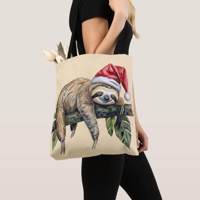 Relaxed Sloth with a Christmas hat 1 Tote Bag (Close Up)