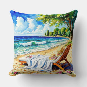 Relaxing Beach Scene with Lounge Chair Cushion
