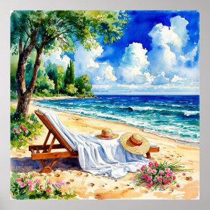 Relaxing Beach Scene with Lounge Chair Poster