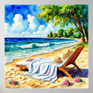Relaxing Beach Scene with Lounge Chair Poster