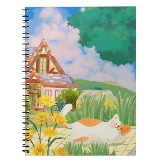 Relaxing Cat and Sunny Countryside Notebook Cover (Front)