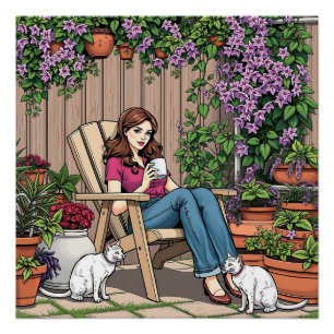 Relaxing Day Women with Coffee, Cats and Plants Poster