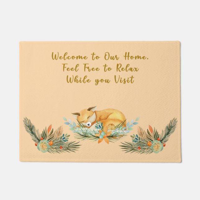 Relaxing Doormat with Sleepy Fox & Flowers (Front)