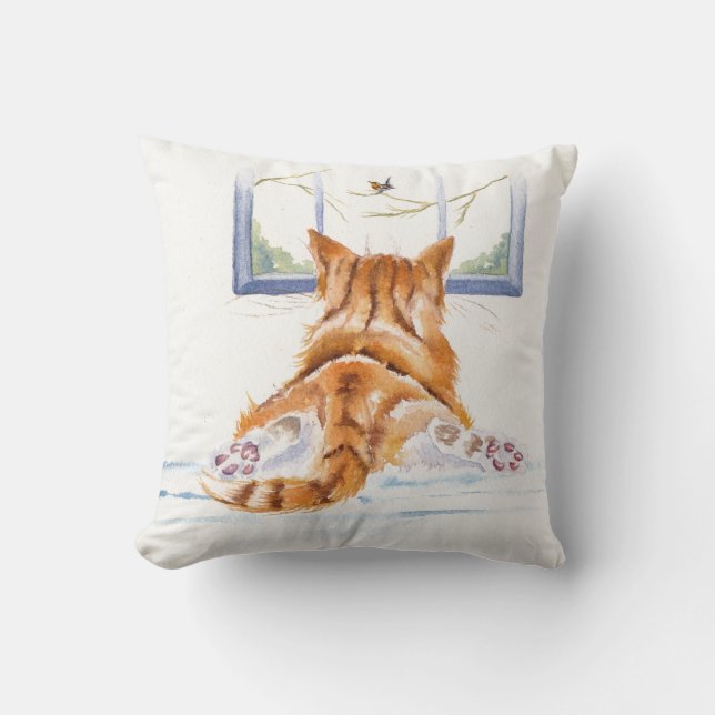 Relaxing Ginger Cat Bird Watching Cushion (Front)