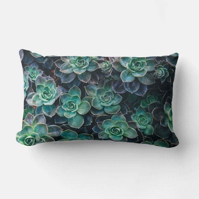 Relaxing Green Blue Succulent Cactus Plants Lumbar Cushion (Front)