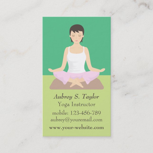 Relaxing Green Mediation Female Yoga Instructor Business Card (Front)