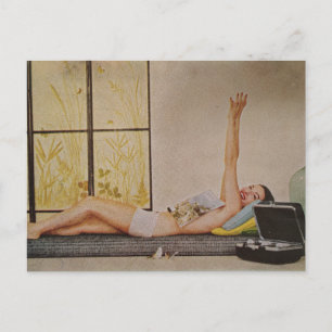 Relaxing Happy Vintage woman 1957 weight loss ad Postcard