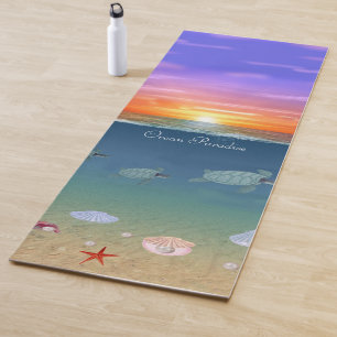 Relaxing ocean sunrise, turtles, star & pearls yoga mat