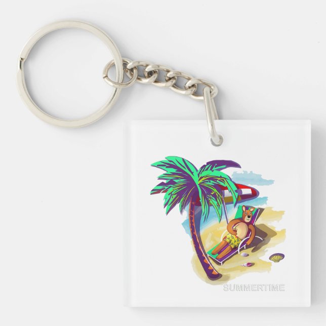 Relaxing Summer Bear on Tropical Beach Key Ring (Front)