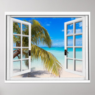 Relaxing Tropical Beach Faux Window View Poster