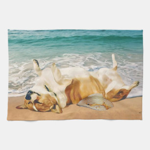 Relaxing Welsh Corgi on the Beach Tea Towel