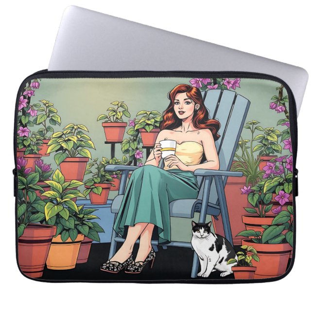 Relaxing with Coffee, Cats and Plants Laptop Sleeve (Front)