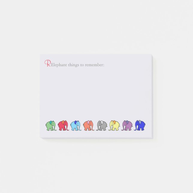 "RElephant to Remember" Rainbow Coloured Elephants Post-it Notes (Front)