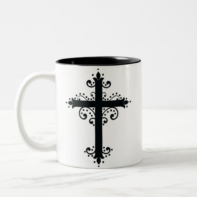 Religion Cross with an ornament Two-Tone Coffee Mug (Left)
