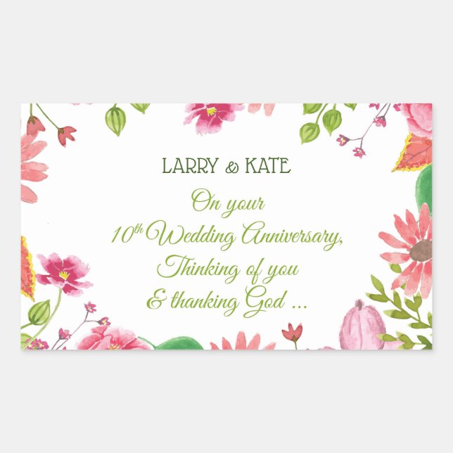 Religious 10th Wedding Anniversary Flowers Rectangular Sticker (Front)