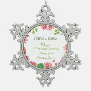 Religious 15th Wedding Anniversary Flowers Snowflake Pewter Christmas Ornament