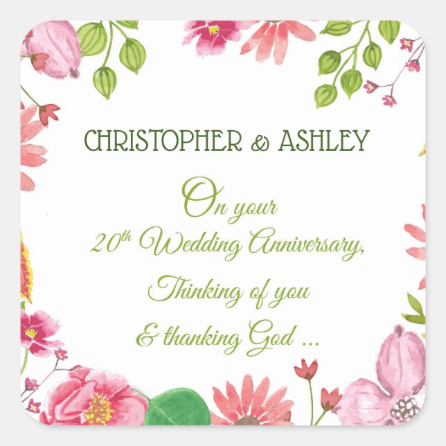 Religious 20th Wedding Anniversary Flowers Square Sticker (Front)