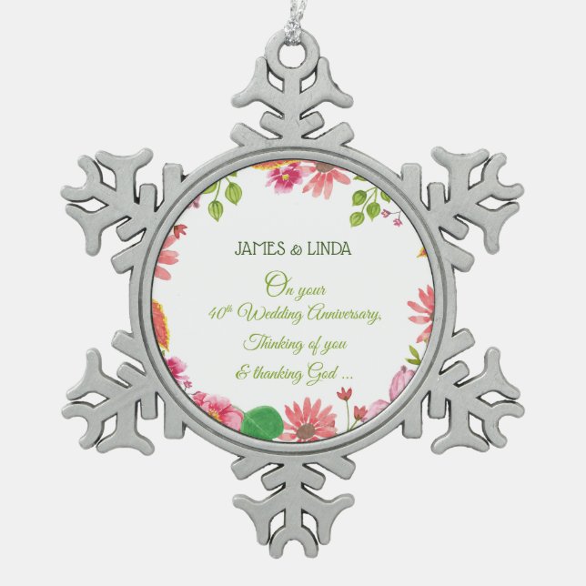 Religious 40th Wedding Anniversary Flowers Snowflake Pewter Christmas Ornament (Front)