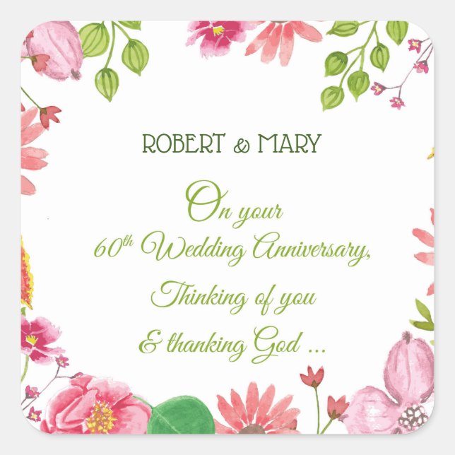 Religious 60th Wedding Anniversary Flowers Square Sticker (Front)