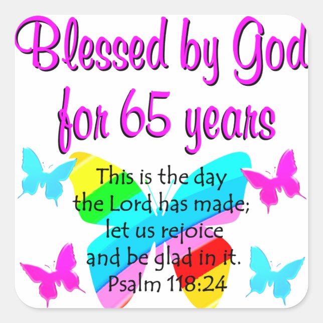 RELIGIOUS 65TH BIRTHDAY BUTTERFLY DESIGN SQUARE STICKER (Front)