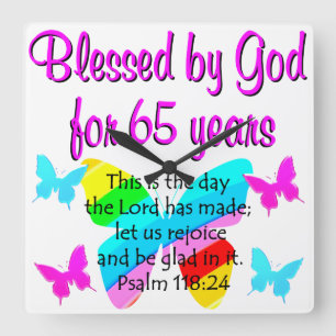 RELIGIOUS 65TH BIRTHDAY BUTTERFLY DESIGN SQUARE WALL CLOCK