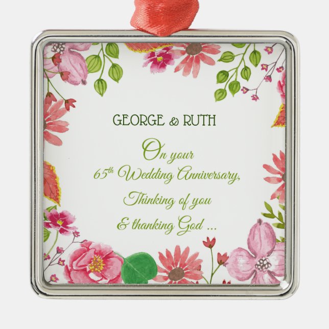 Religious 65th Wedding Anniversary Flowers Metal Ornament (Front)