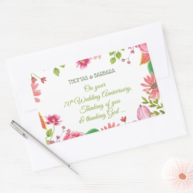 Religious 70th Wedding Anniversary Flowers Rectangular Sticker (Envelope)