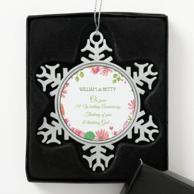 Religious 75th Wedding Anniversary Flowers Snowflake Pewter Christmas Ornament (Box)