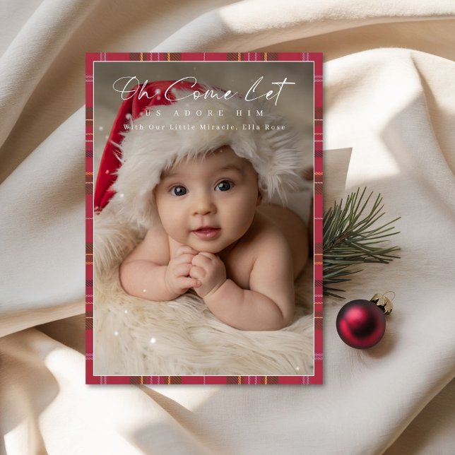Religious Adore Him Newborn Baby Christmas Plaid Holiday Card (Creator Uploaded)