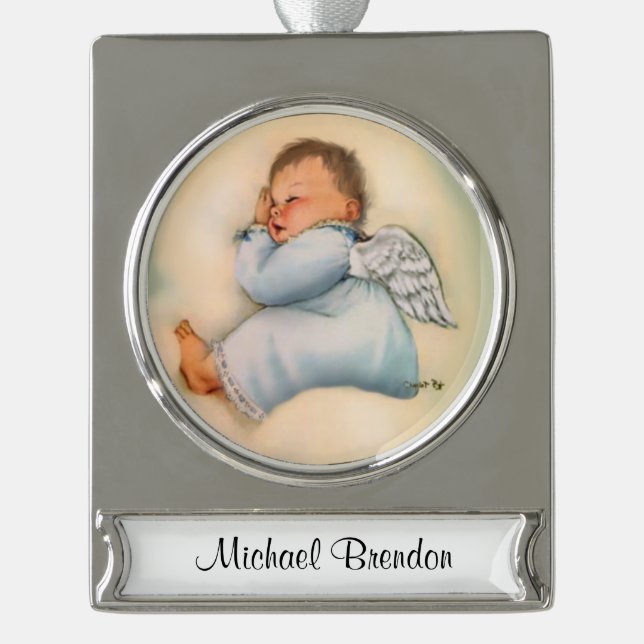 Religious Baby Boy Angel Sleeping Silver Plated Banner Ornament (Front)