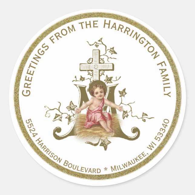 Religious Baby Jesus Christmas Gold Marian Cross Classic Round Sticker (Front)