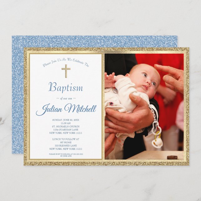 Religious Baptism Christening Gold Blue Baby Boy Invitation (Front/Back)