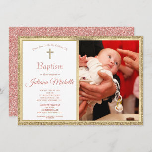 Religious Baptism Christening Gold Pink Baby Girl Invitation