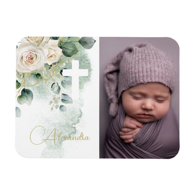 Religious Baptism Christening Photo Roses Cross Magnet (Horizontal)