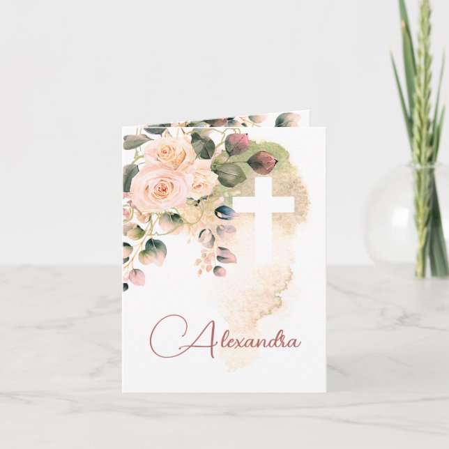 Religious Baptism Christening Photo Roses Pink Invitation (Front)