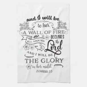 Religious Bible Quote Zechariah 2:5 Wall of Fire Tea Towel