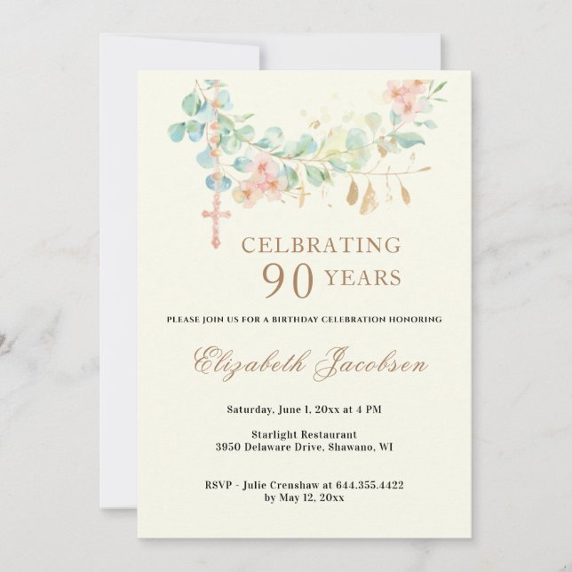 Religious Birthday Eucalyptus Scripture Rosary  Invitation (Front)