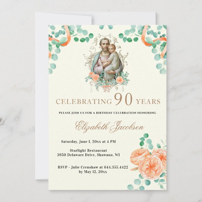 Religious Birthday Eucalyptus St. Joseph Invitation (Front)