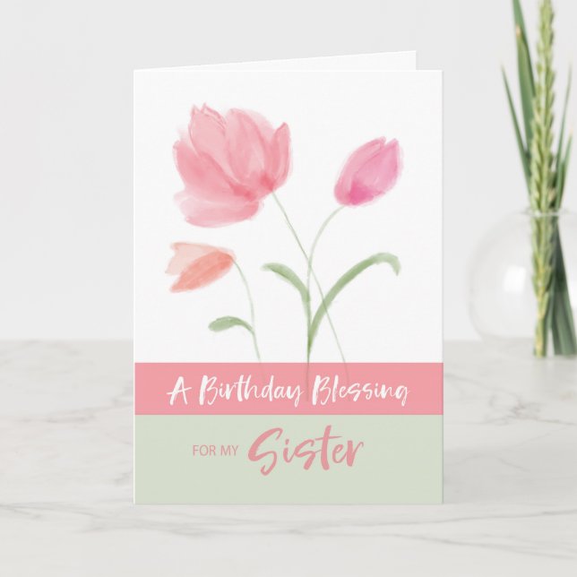 Religious Birthday My Sister Blessing Pink Flowers Card (Front)