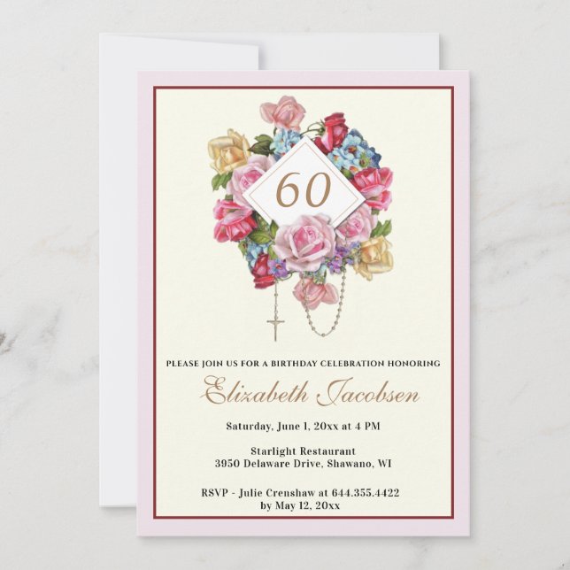 Religious Birthday Rosary Catholic Floral  Invitation (Front)