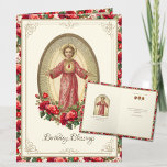 Religious Birthday Roses Scripture Card<br><div class="desc">Featuring a beautiful Catholic vintage image of the Sacred Heart of Jesus with a border of red roses. Inside is a scripture verse and greeting.</div>