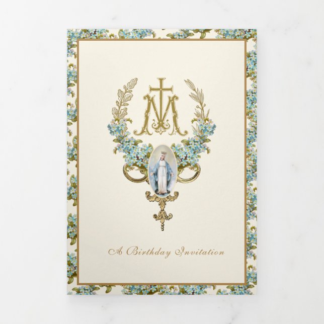 Religious Birthday Virgin Mary Blue Floral Tri-Fold Invitation (Cover)