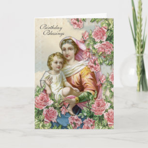 Religious Birthday Virgin Mary Jesus Pink Roses Card