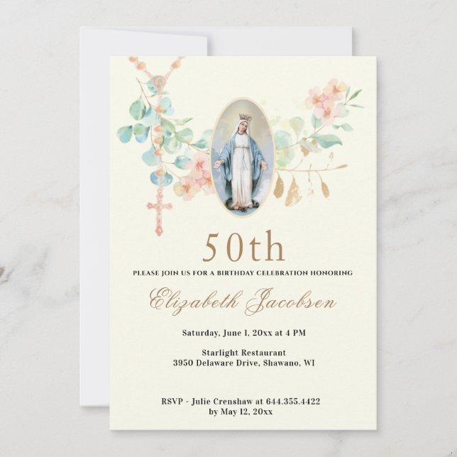 Religious Birthday Virgin Mary Scripture Rosary Invitation (Front)