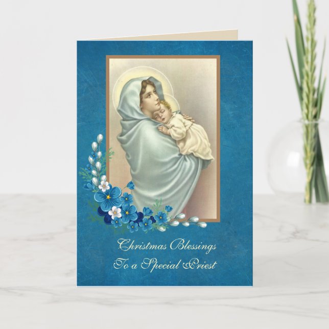 Religious Blessed Mother Baby Jesus Floral Holiday Card (Front)